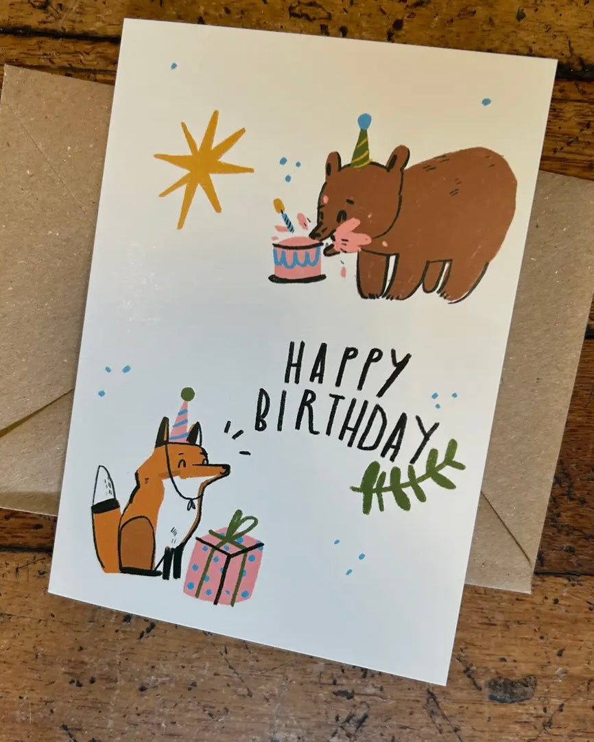 Birthday Fox & Bear Card-Dick Vincent Illustrations-My Beautiful Caravan