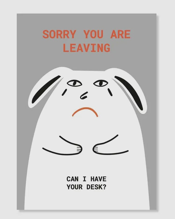 Card with a sad bunny rabbit illustration and text on a grey background.