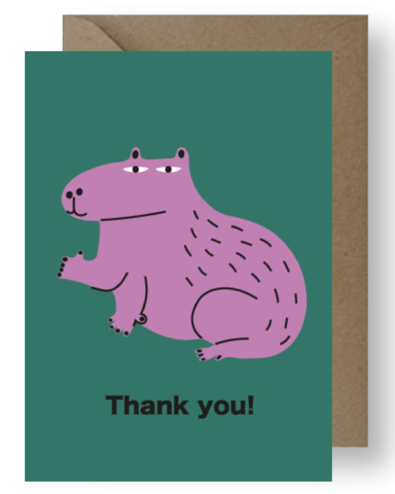 Card with a purple capybara illustration and 'Thank you!' text on a green background