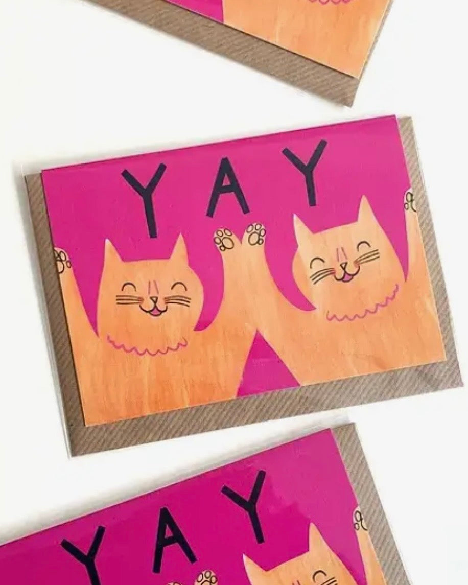 Card with two cats and 'YAY' text on a pink background