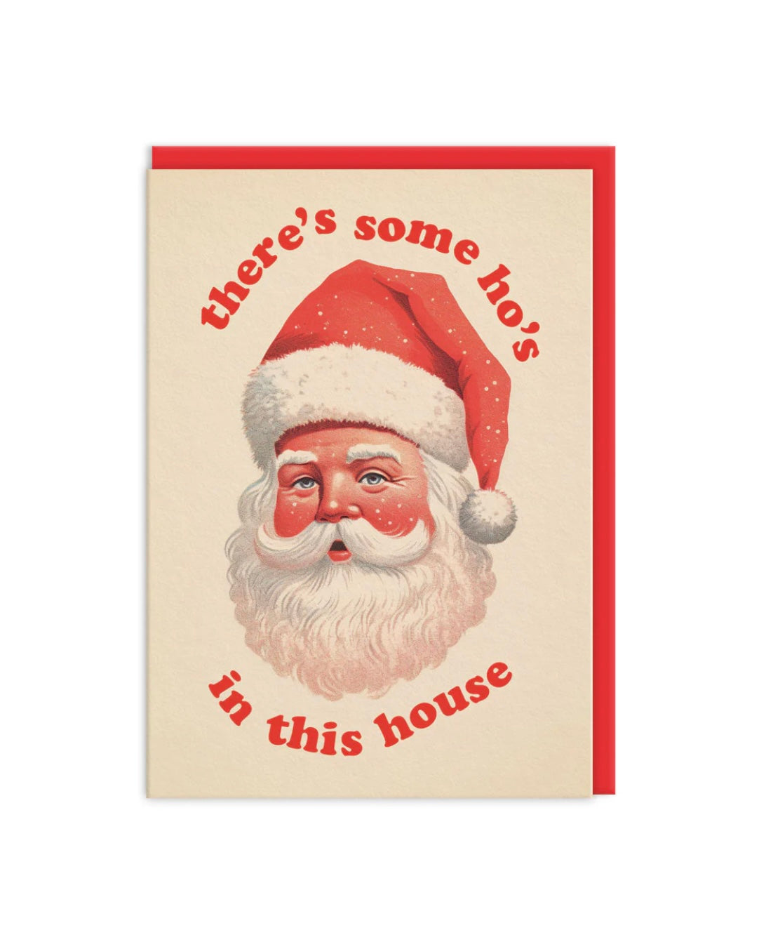 Card with Santa Claus illustration and humorous text on a beige background