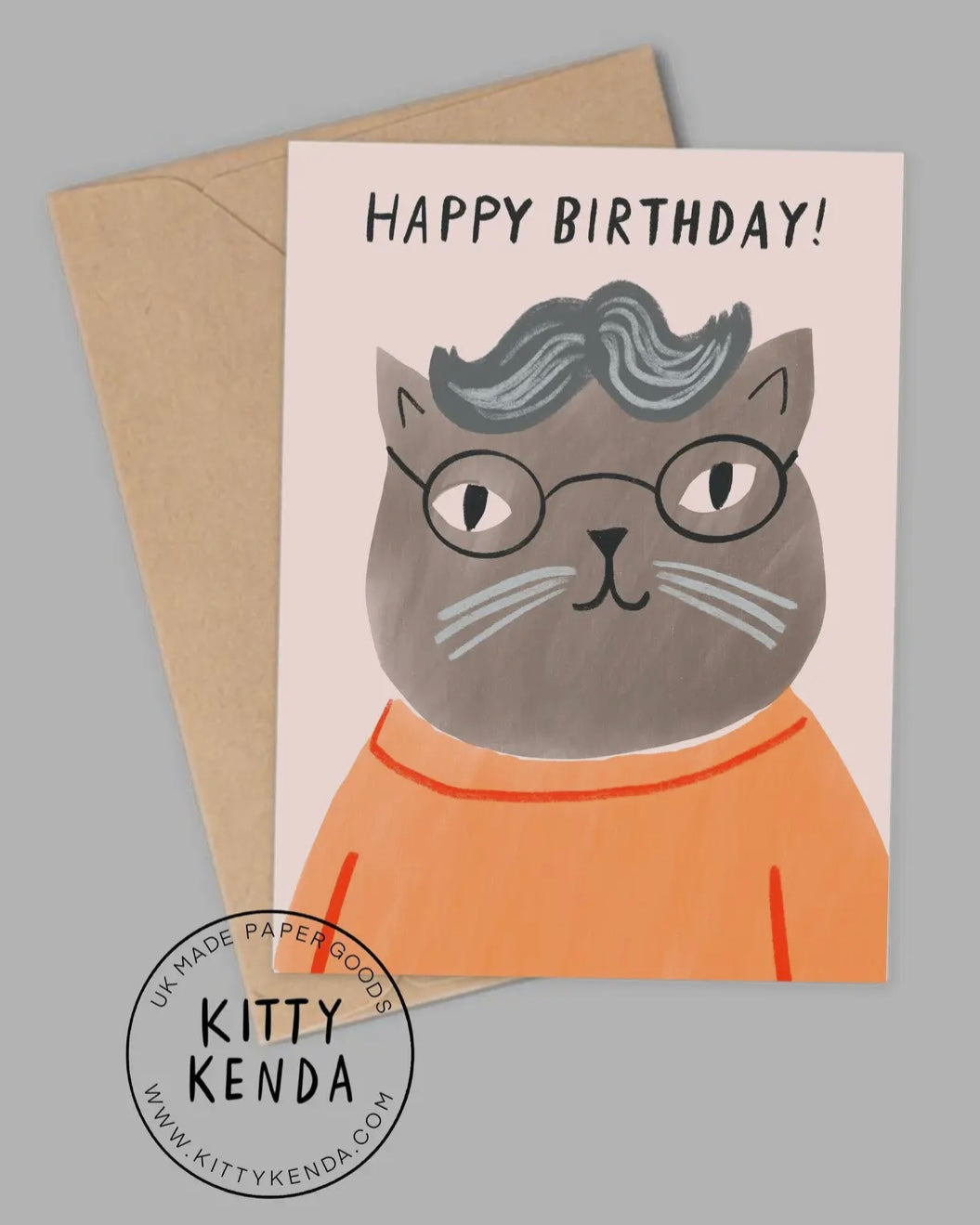 Grey Glasses Cat Birthday Card