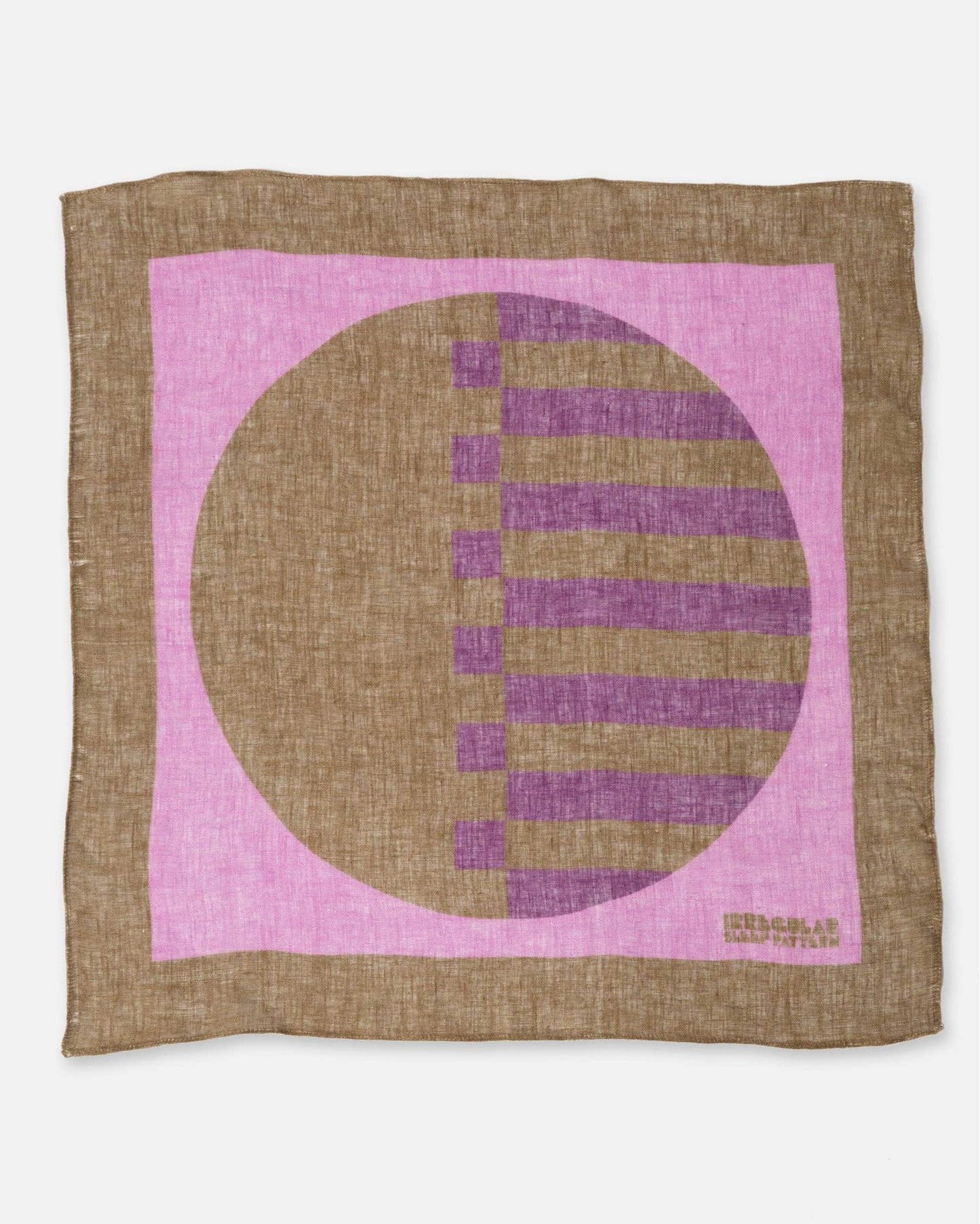 Colourful purple, pink & brown linen napkin or neck scarf with a circular design