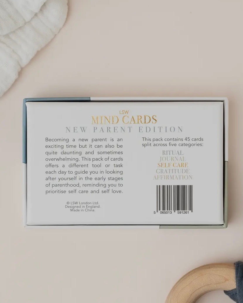 Box (underside) of 'MIND CARDS New Parent Edition' on a neutral background