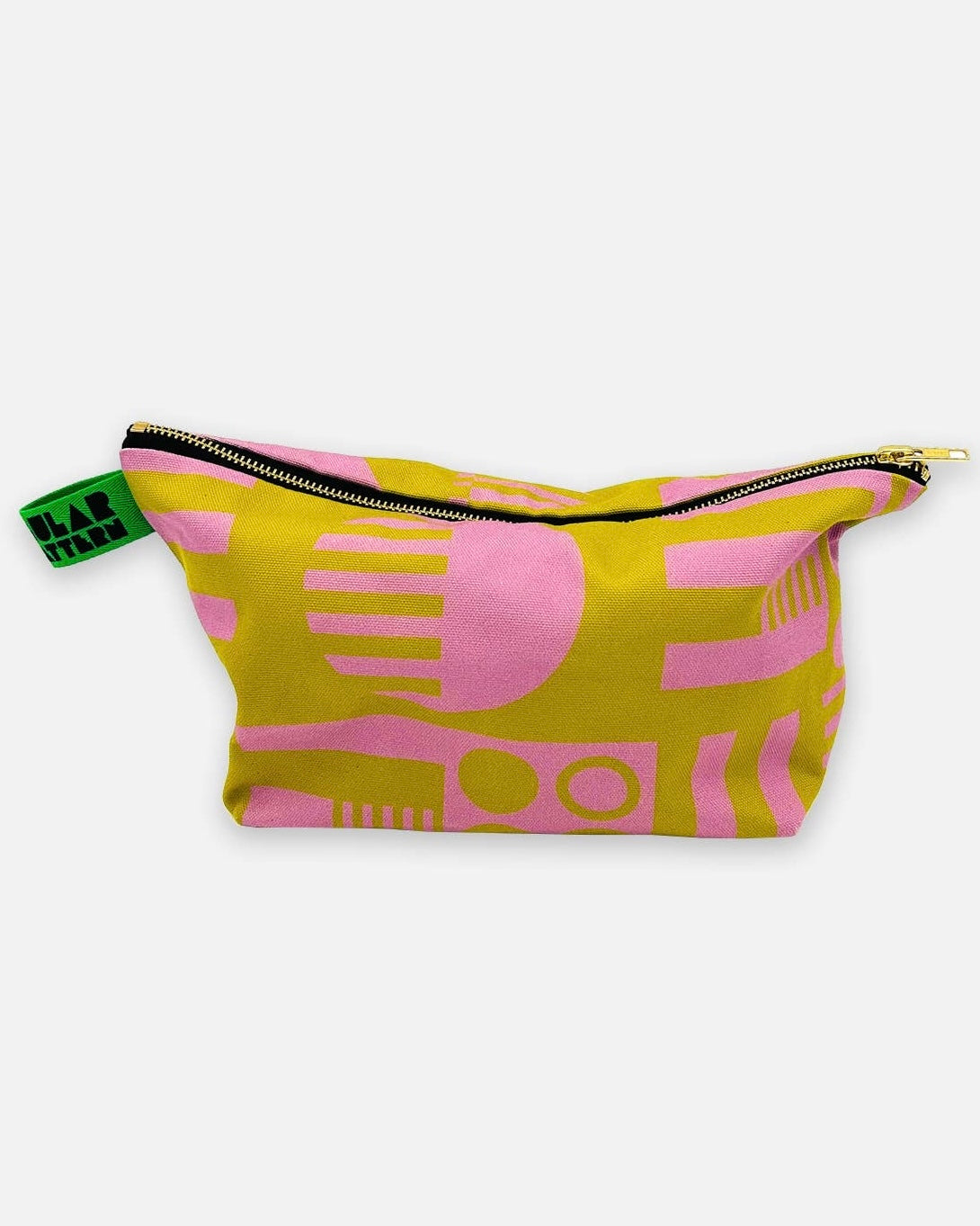 Yellow and pink patterned pouch with a zipper on a white background