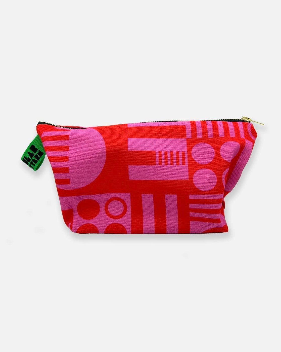 Red and pink geometric patterned pouch on a white background
