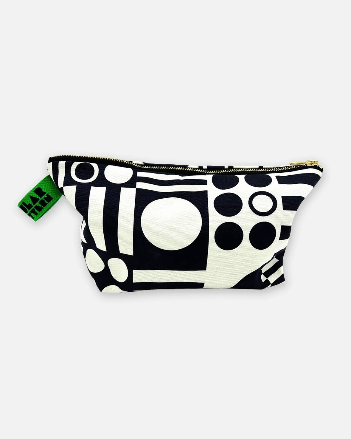 Black and white patterned pouch with a green tag on a white background