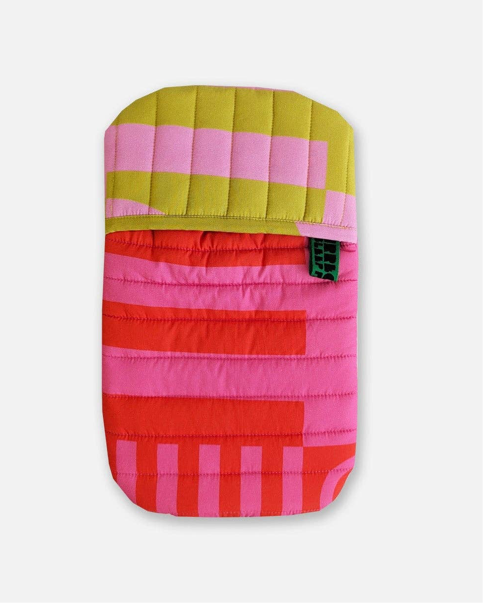 Colourful cotton hot water bottle cover on a white background