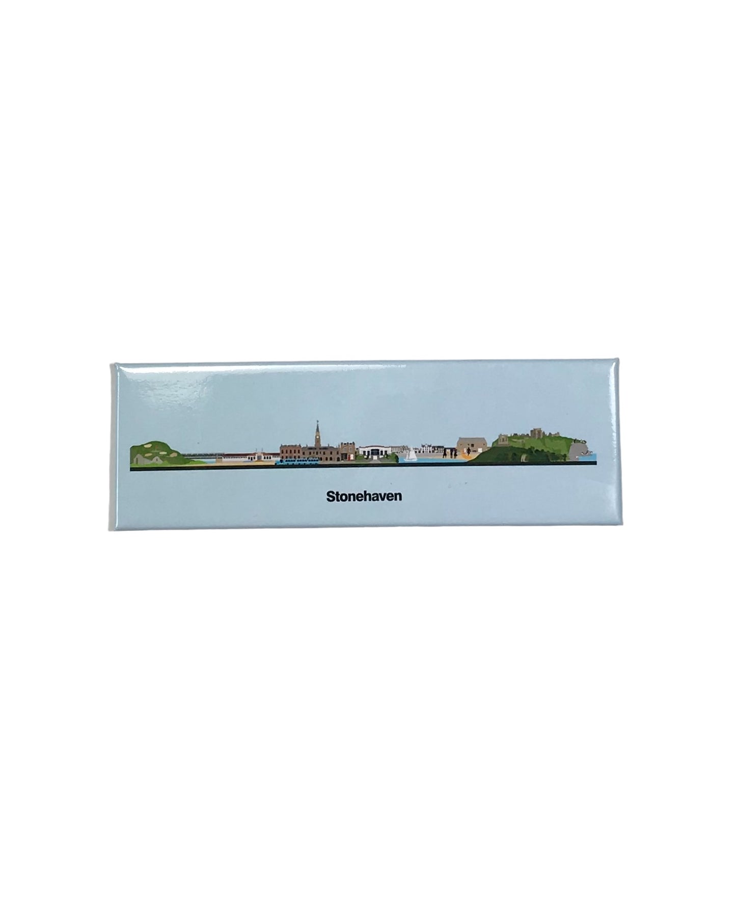 Long slim rectangular magnet with a graphic illustration of Stonehaven’s skyline and the text ‘Stonehaven’, on a white background.
