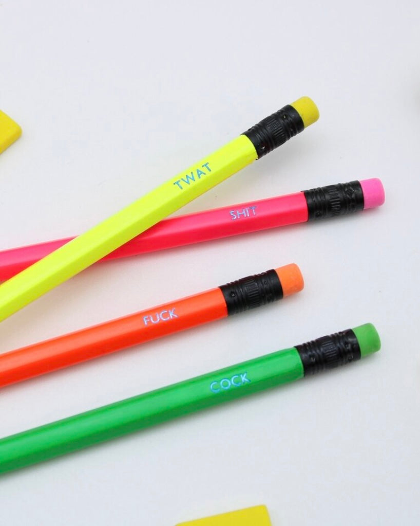 Colourful pencils with sweary words in text, with erasers, on a white background