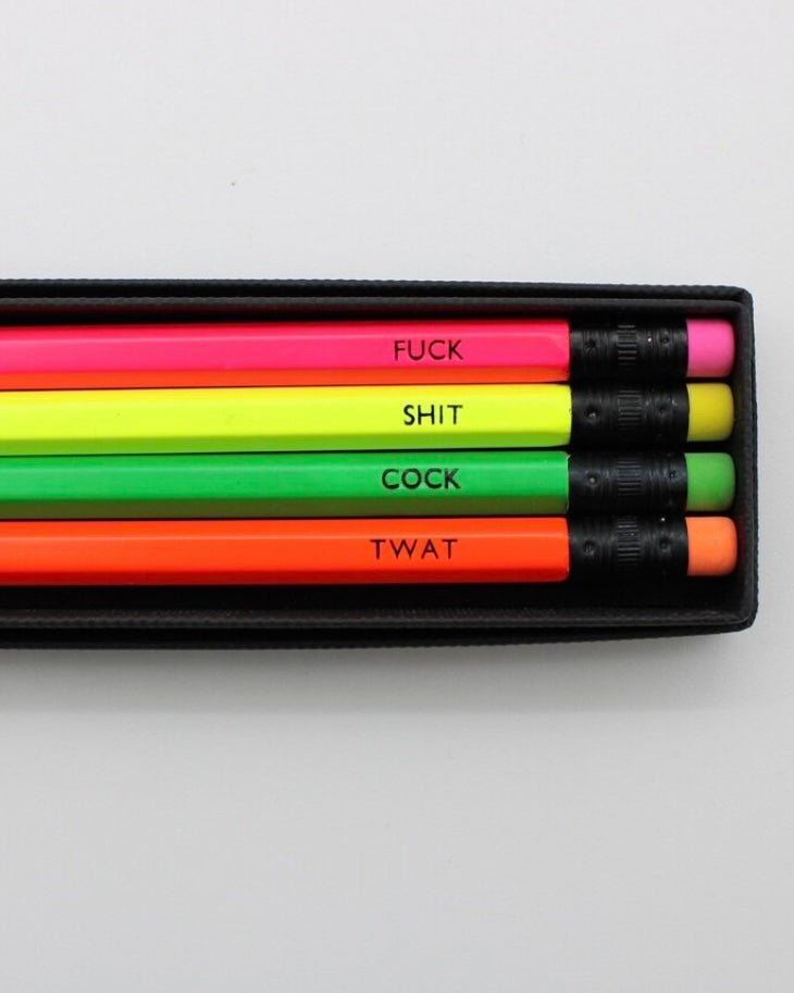 Set of colourful pencils with sweary text in a black box on a white background