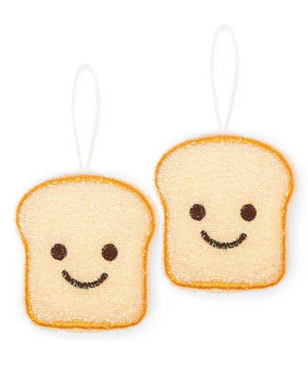 Two bread slice scrubby sponges with smiley faces on a white background