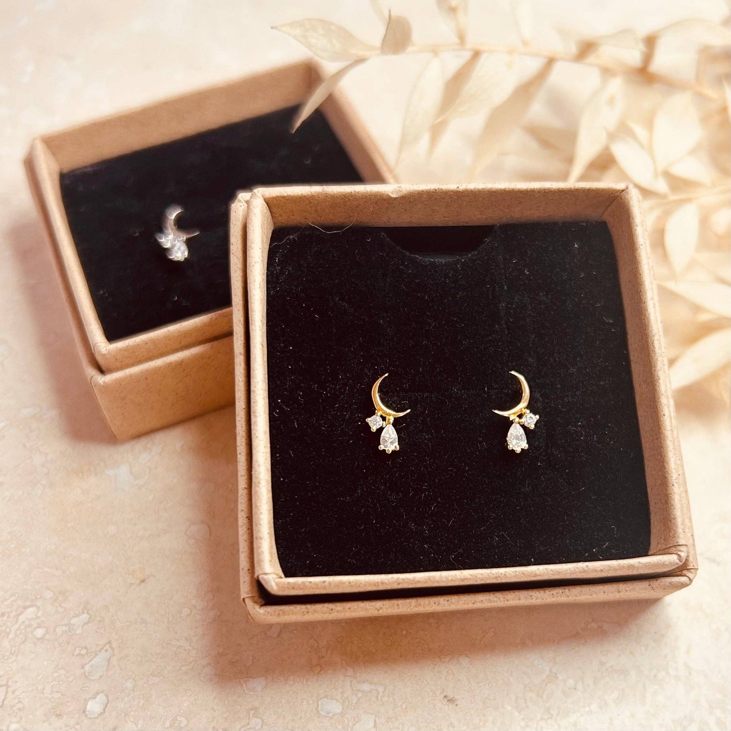 Crescent Moon Droplet Stud Earrings
