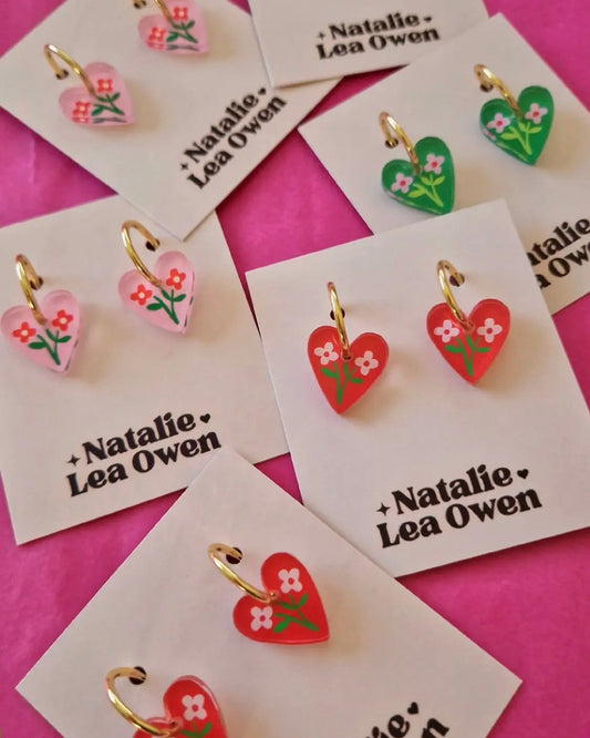Heart Floral Charm Hoop Earrings