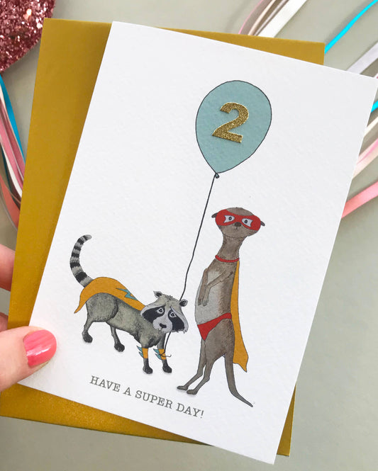 Age 2 Meerkat & Raccoon Birthday Card