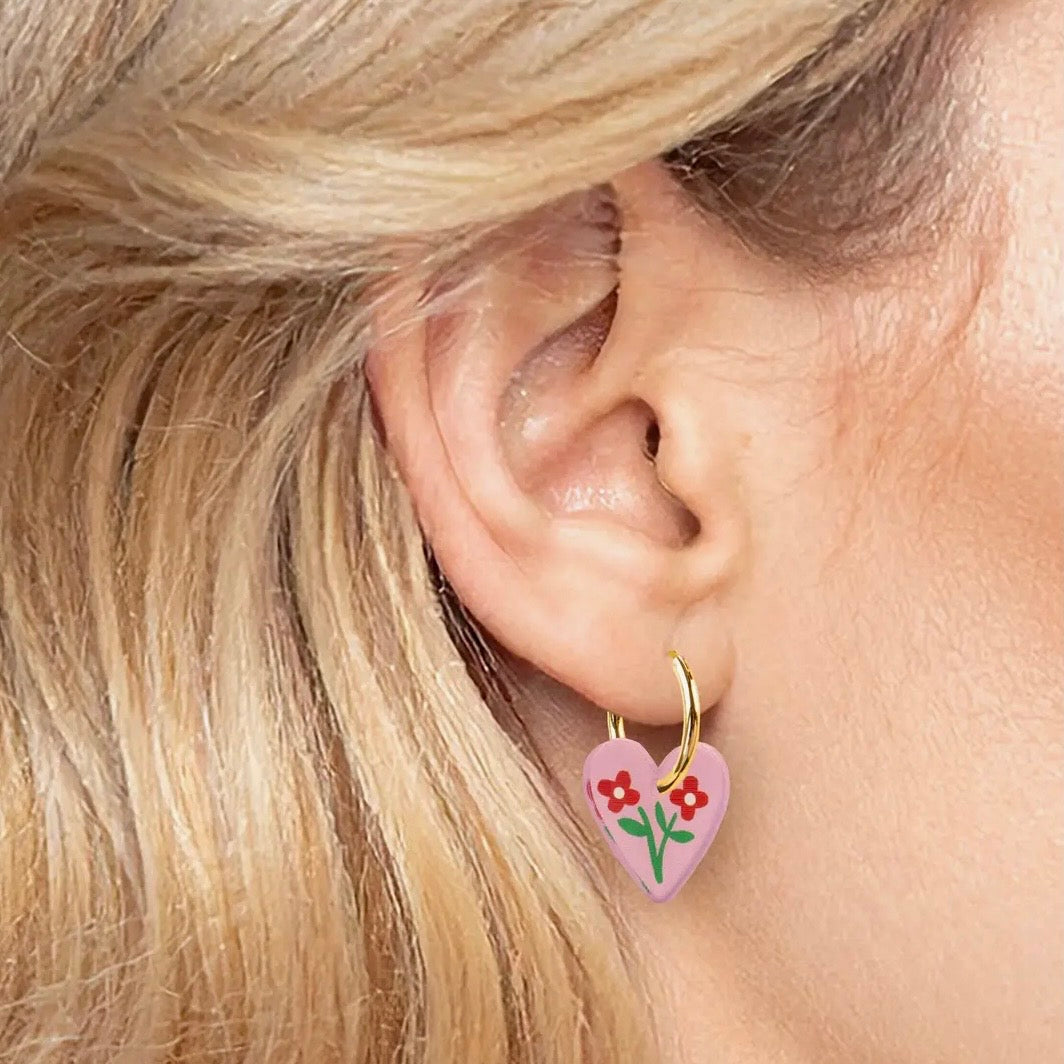 Heart Floral Charm Hoop Earrings