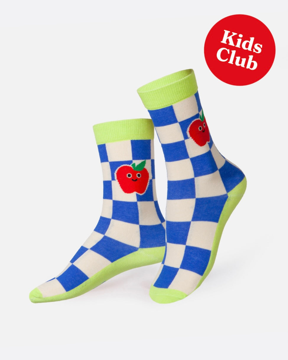 Apple Juice Kids Socks by Eat My Socks with blue and white checks and aple motif.