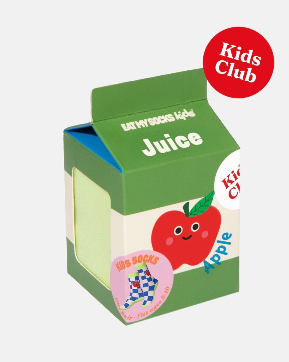 Kids socks in juice box packaging by Eat My Socks on a white background