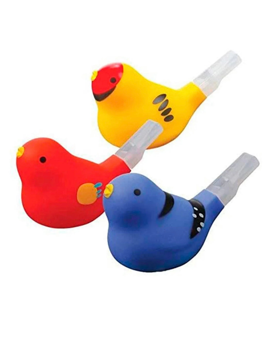 Three colorful bird-shaped whistles on a white background