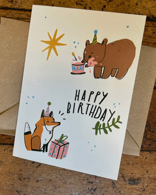 Birthday Fox & Bear Card-Dick Vincent Illustrations-My Beautiful Caravan