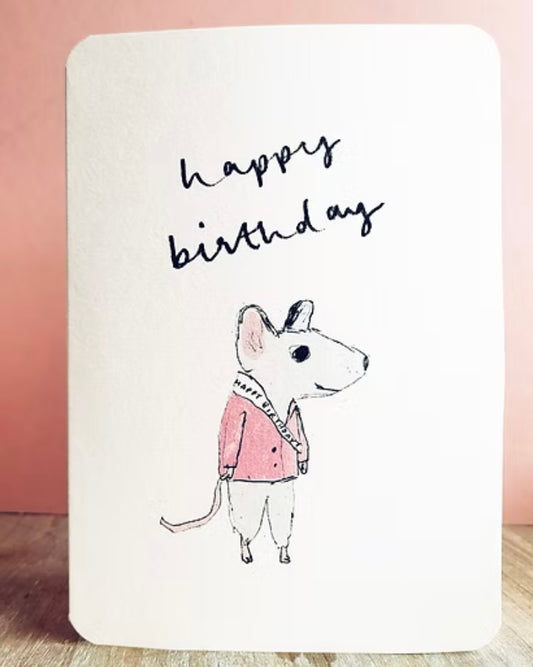 Greeting card with a cartoon mouse and 'happy birthday' text on a white background.