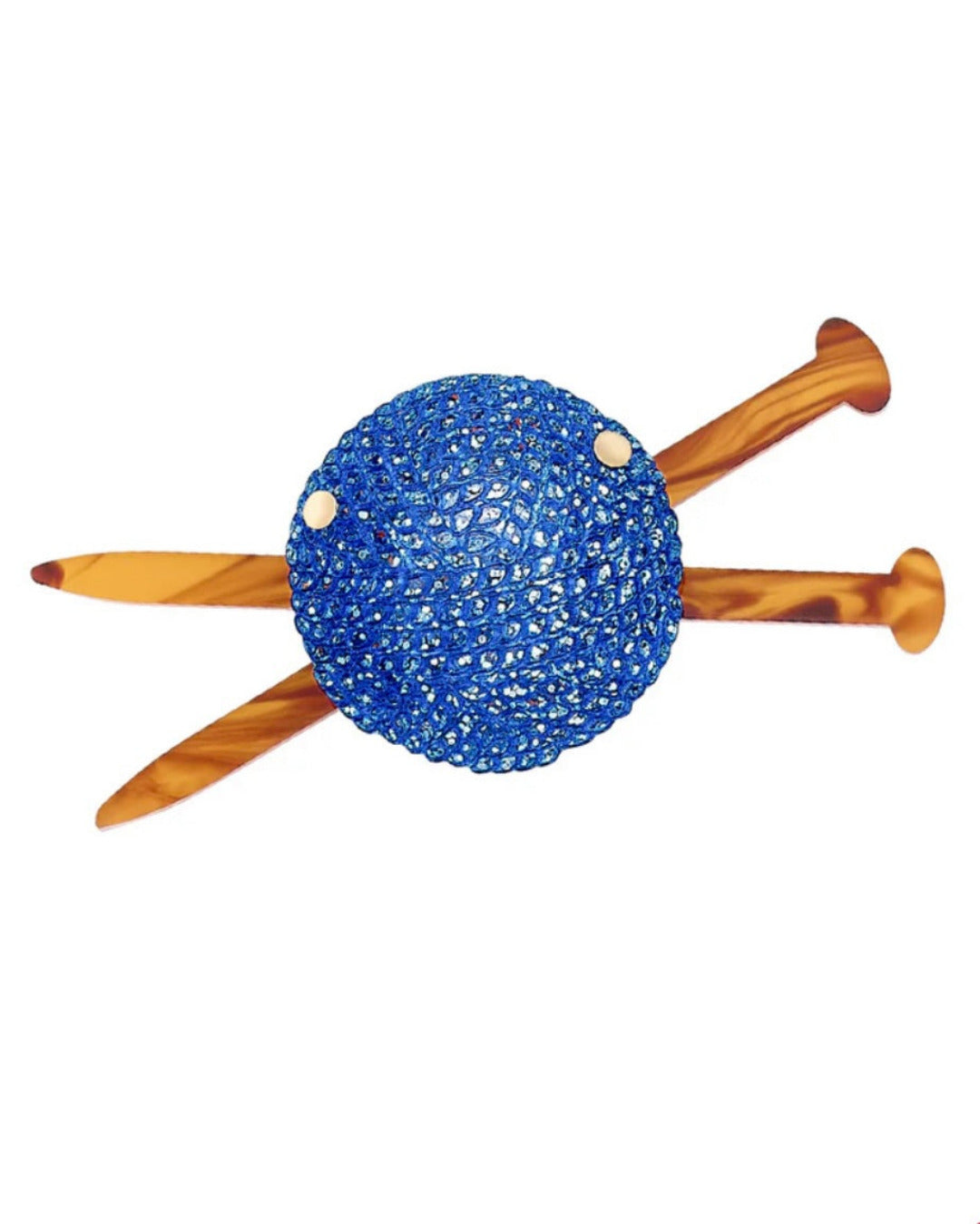 Blue textured ball of wool with wooden knitting needles brooch on a white background