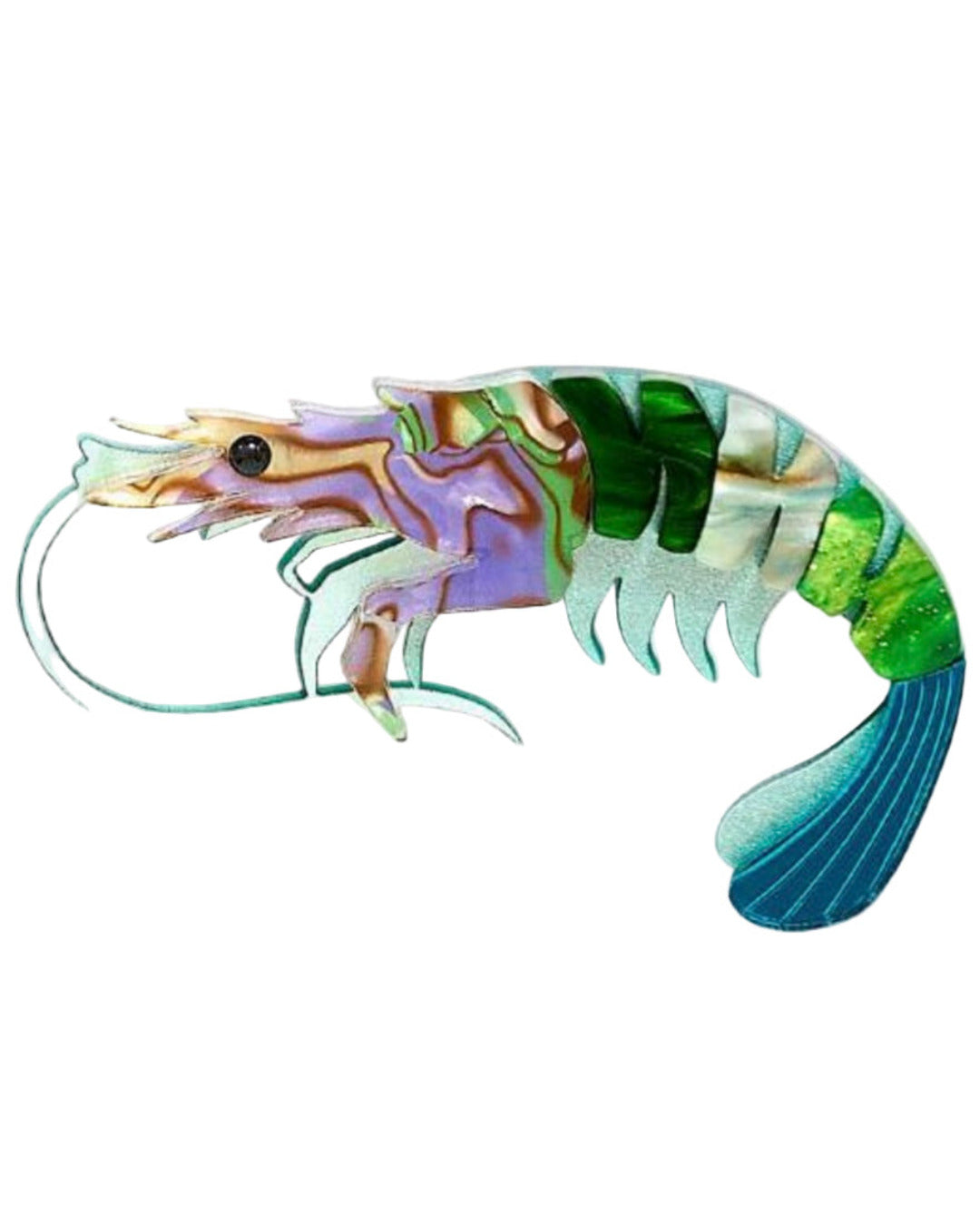 Colorful prawn brooch on a white background