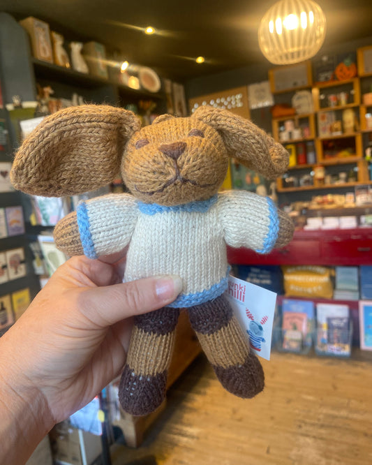 Knitted dog toy held in a hand with a store shelf in the background.