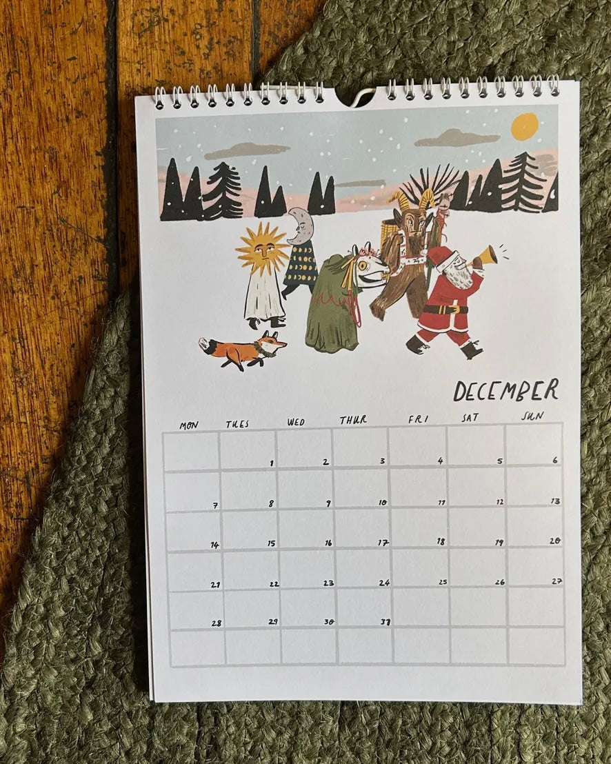 Calendar page for December with illustrations of Santa Claus, reindeer, and other characters on a textured surface.