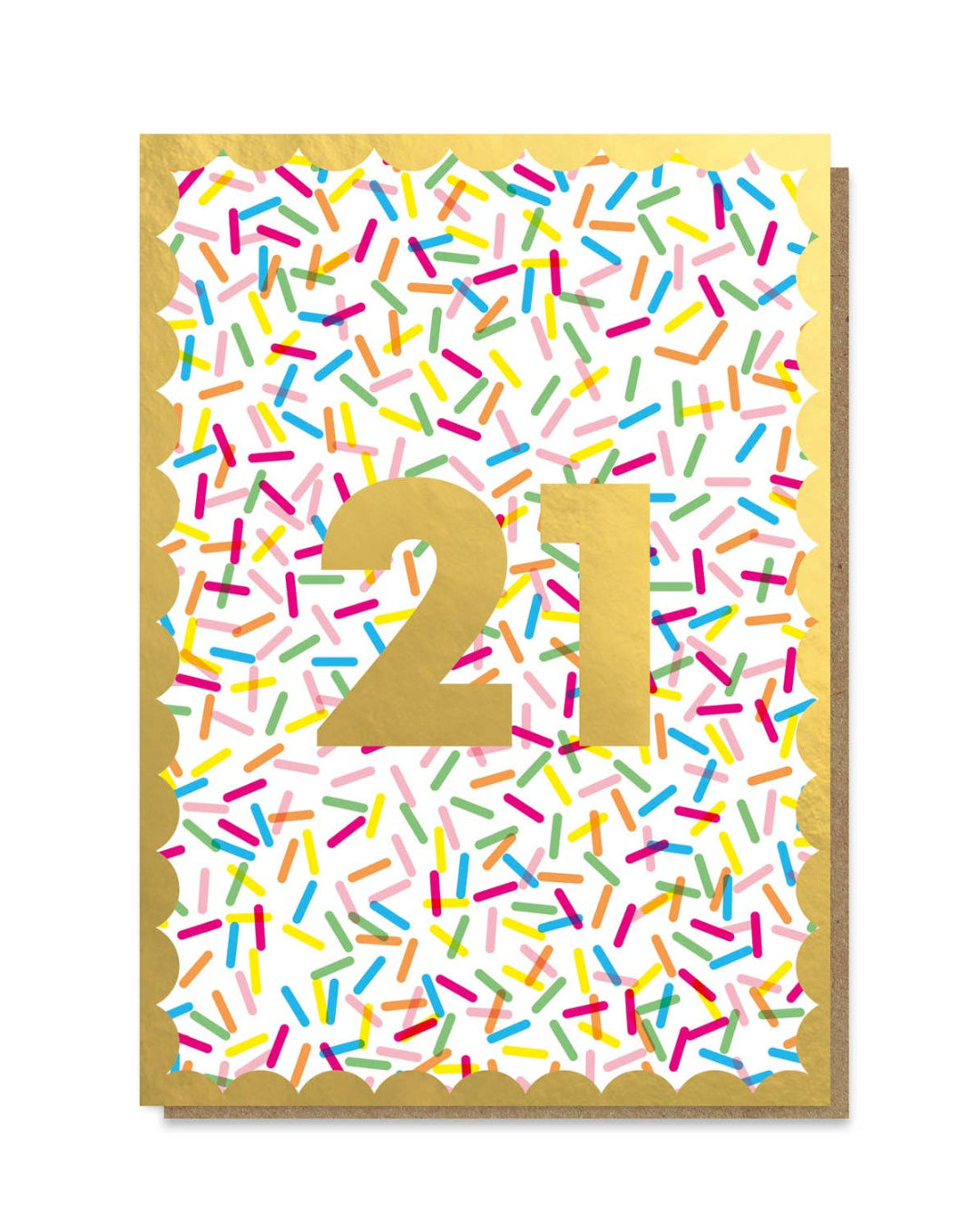 Card with gold number '21' and colourful sprinkles on a white background