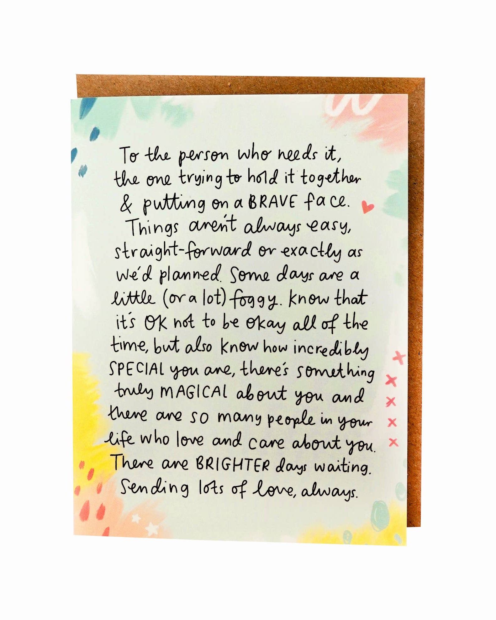 Greeting card with heartfelt ‘Brave face’ message and colourful design on a white background