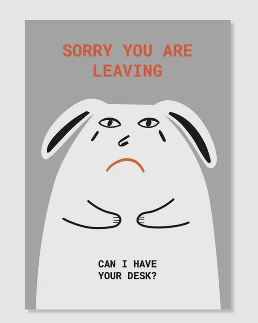 Card with a sad bunny rabbit illustration and text on a grey background.