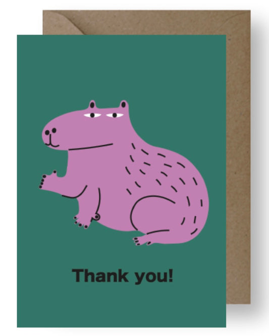 Card with a purple capybara illustration and 'Thank you!' text on a green background
