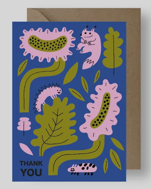 Greeting card with caterpillars and flowers and the words Thank You on a blue background, featuring a brown envelope.