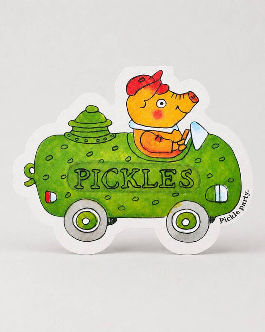 Shaped card of a Richard Scarry pig driving a green pickle-shaped car  with the words ‘Pickle party’ on a white background