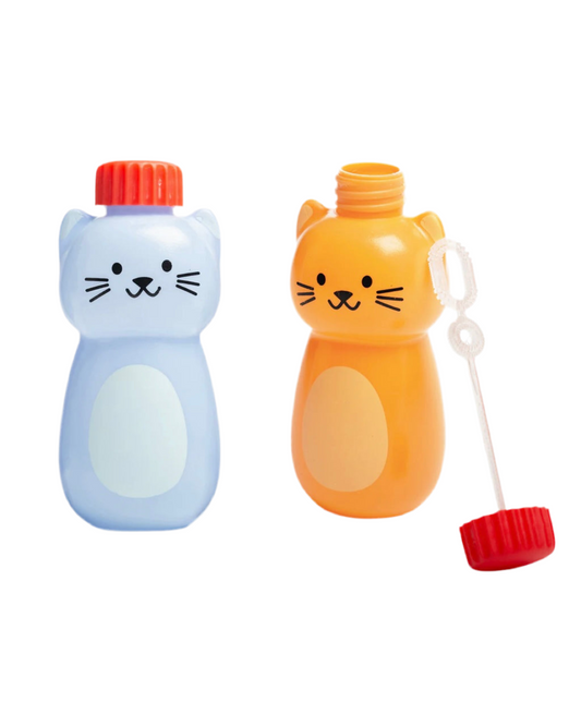 Two colourful blowing bubbles bottles shaped like cats on a white background