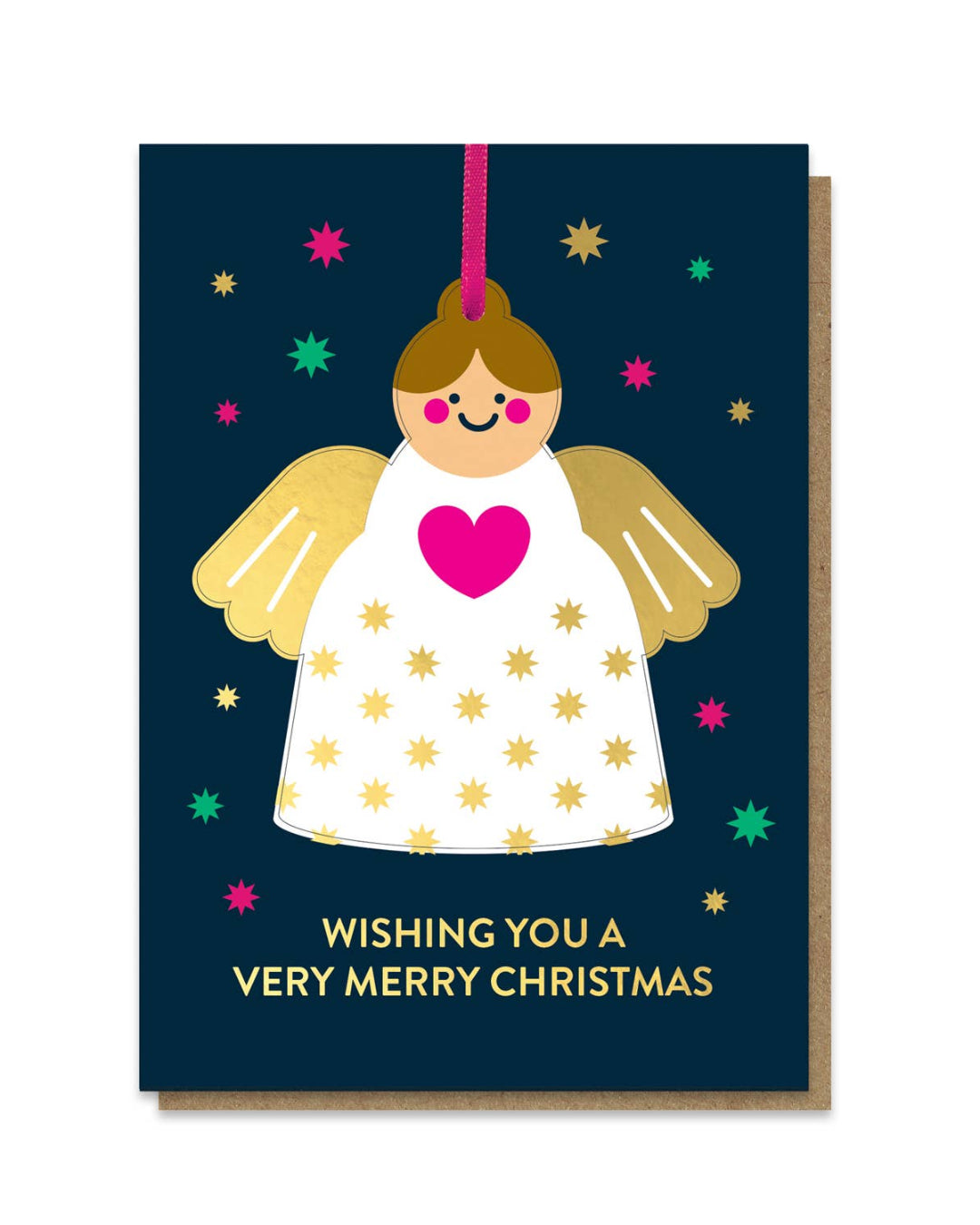 Christmas card with an angel illustration and festive text on a dark blue background.