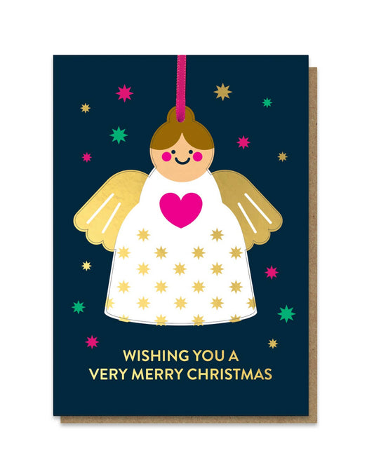 Christmas card with an angel illustration and festive text on a dark blue background.