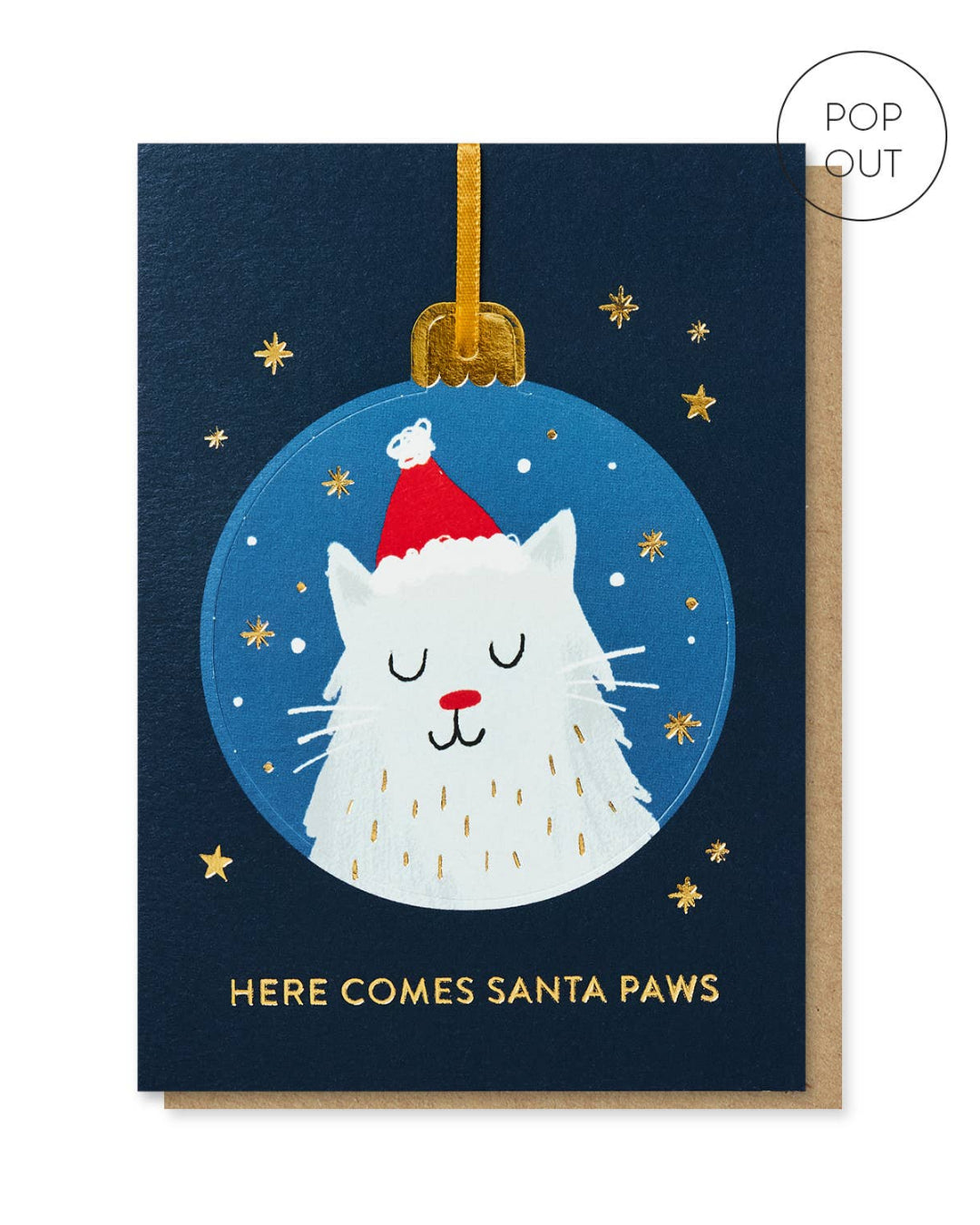 Christmas card with a cat in a Santa hat inside a blue ornament on a dark blue background.
