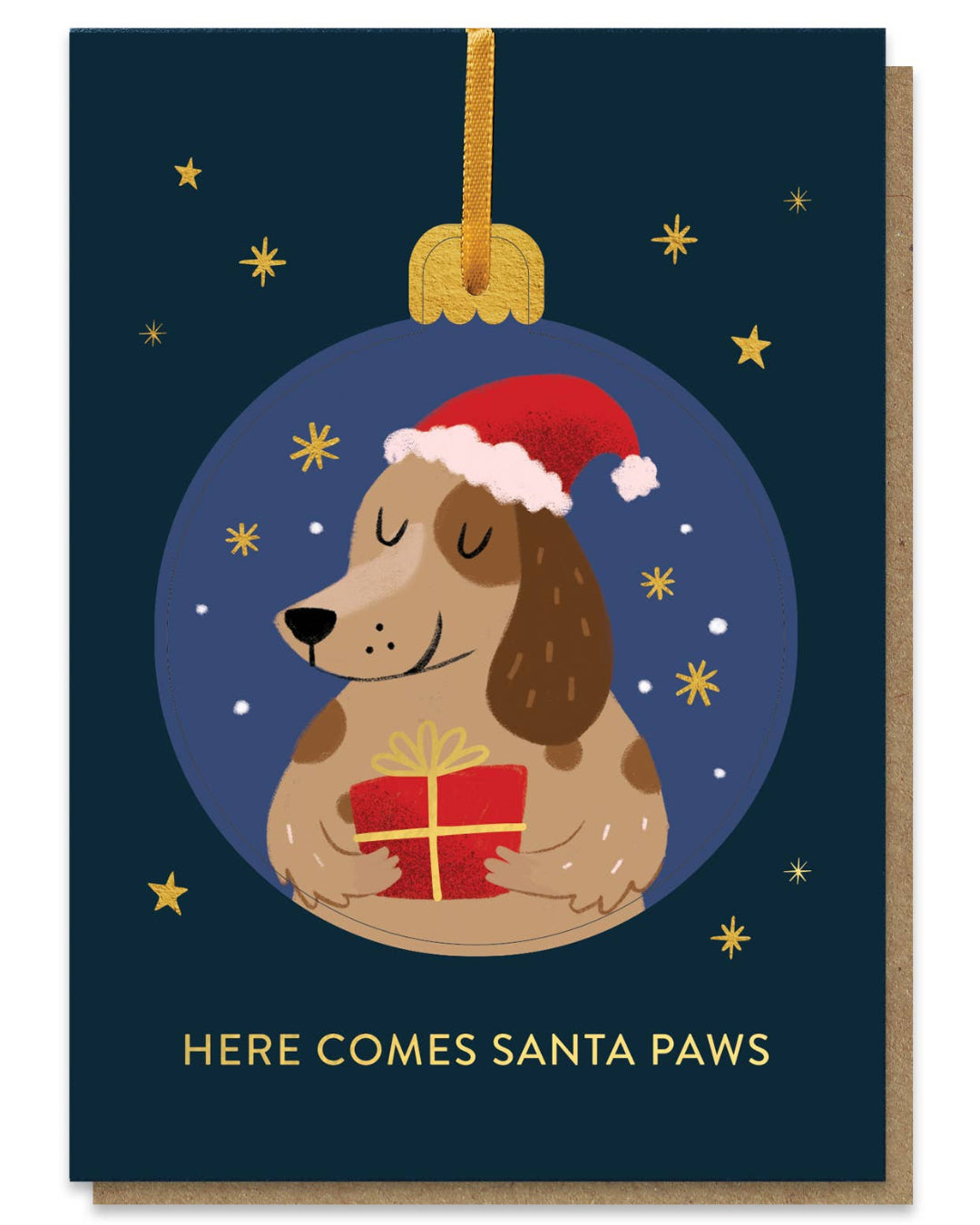 Christmas card with a dog wearing a Santa hat holding a gift, against a starry night sky.