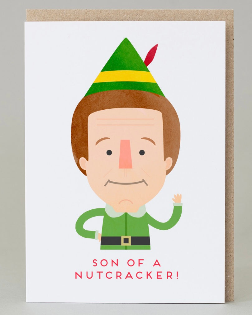 Card with cartoon character wearing an elf costume and text 'Son of a Nutcracker!' on a white background.