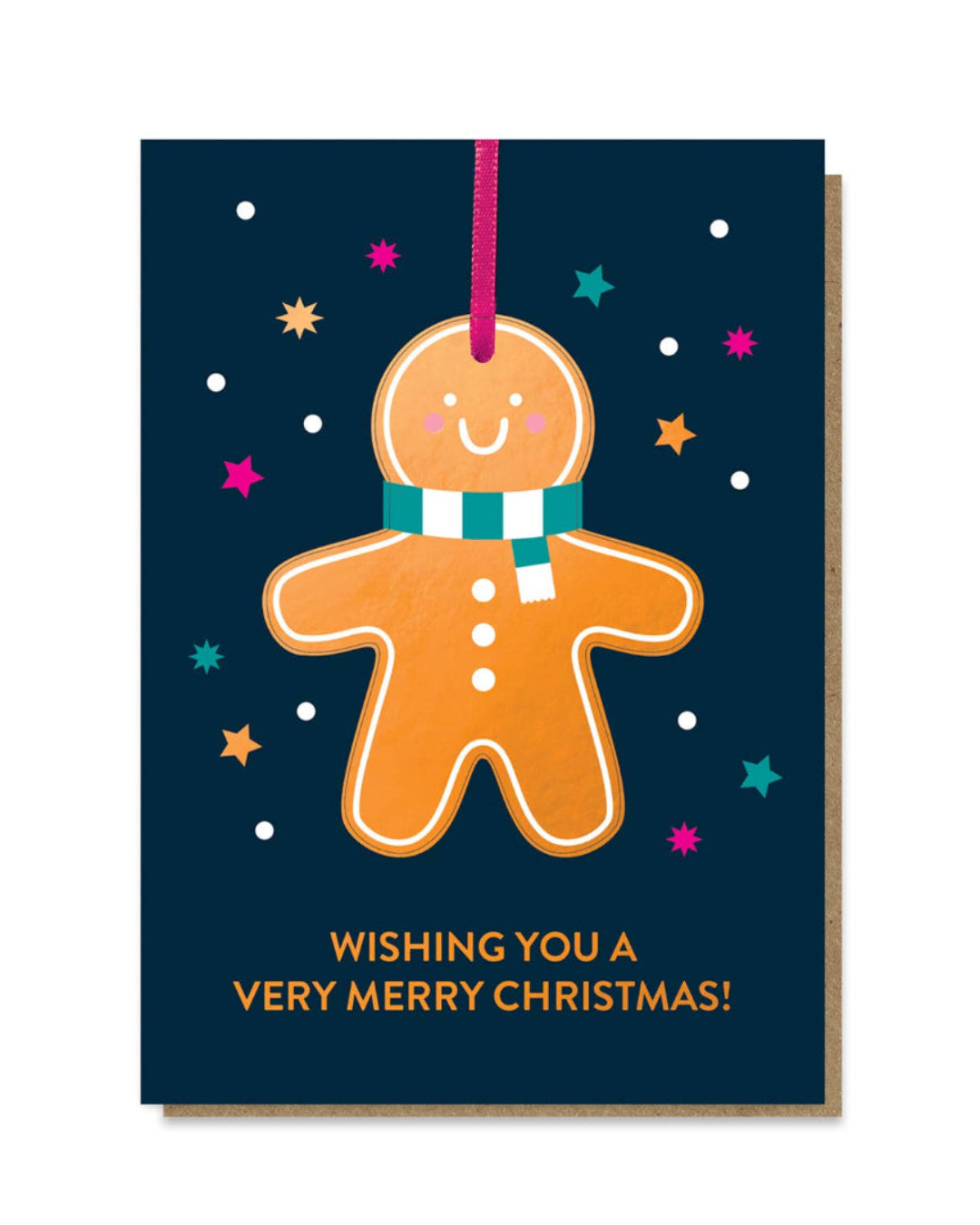 Greeting card with a gingerbread man design and festive text on a dark blue background.