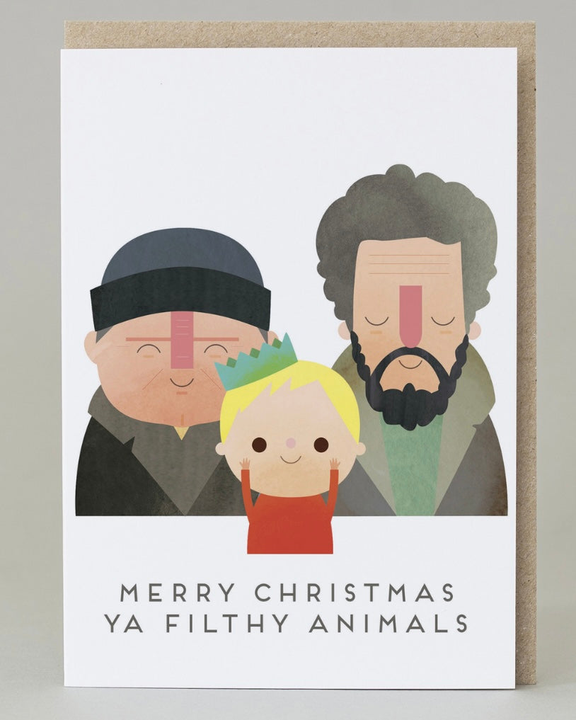 Illustrated Christmas card with three characters from the film Home Alone and text 'Merry Christmas Ya Filthy Animals' on a white background.