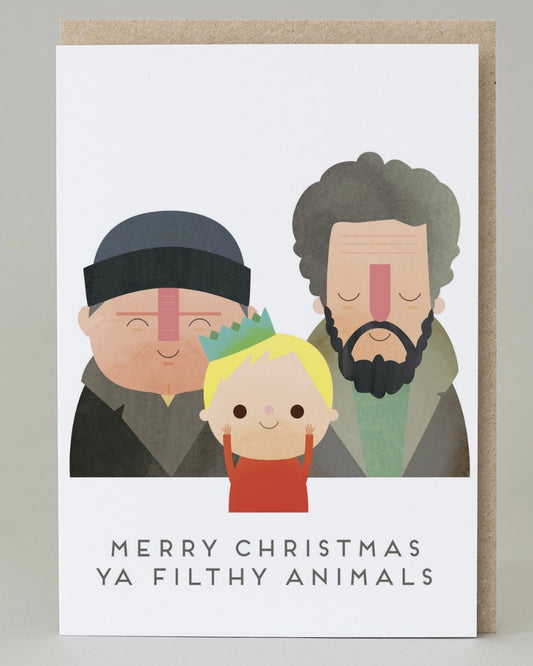 Illustrated Christmas card with three characters from the film Home Alone and text 'Merry Christmas Ya Filthy Animals' on a white background.