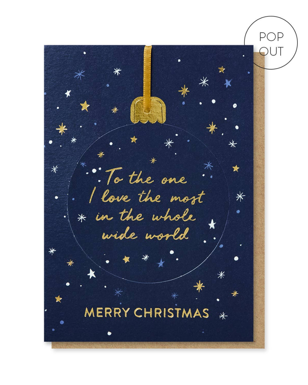 Christmas card with gold ornament and festive text on a blue background