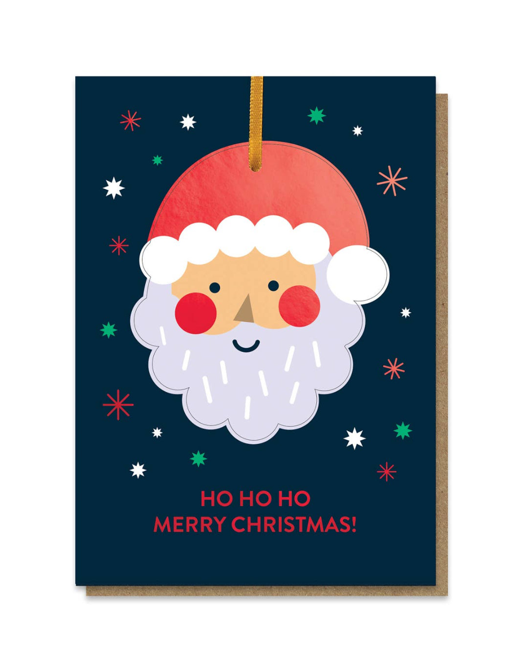Christmas card with a cartoon Santa Claus face on a dark blue background with colourful stars.