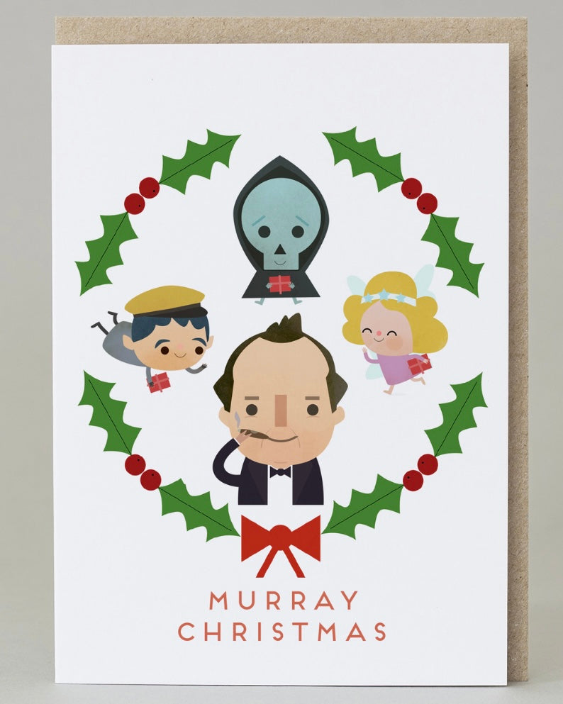 Christmas card with cartoon characters from the film Scrooged and holly wreath on a white background