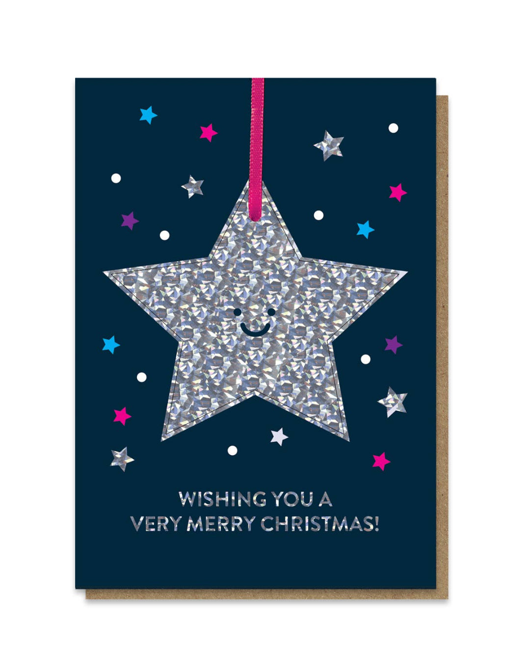 Christmas greeting card with a smiling star on a dark blue background