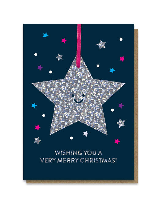 Christmas greeting card with a smiling star on a dark blue background