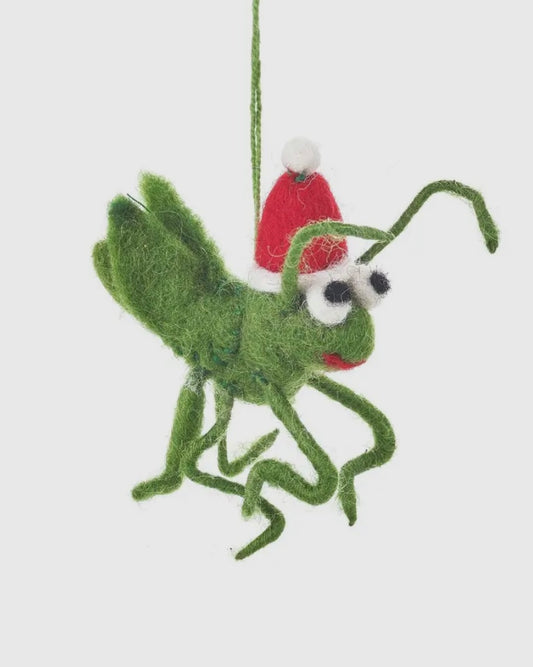 Green cricket ornament with a Santa hat on a white background